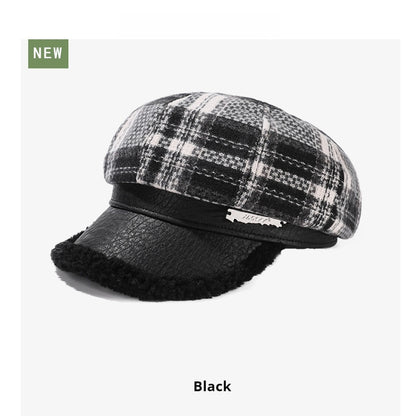 Retro Plaid Octagonal Hat Thick Stitching Leather Edge Warm Beret