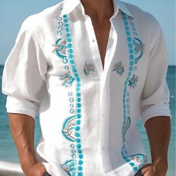 Fashion Print Long Sleeve Shirt Men Casual Loose Button Lapel Tops Seaside Cool Beach Shirt