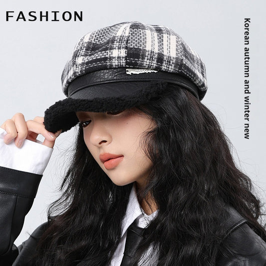 Retro Plaid Octagonal Hat Thick Stitching Leather Edge Warm Beret