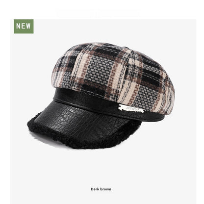 Retro Plaid Octagonal Hat Thick Stitching Leather Edge Warm Beret