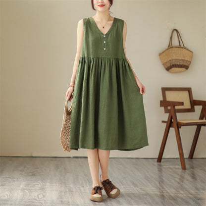 Summer New Japanese Loose Solid Color Cotton Linen V-neck Sleeveless Dress For Women