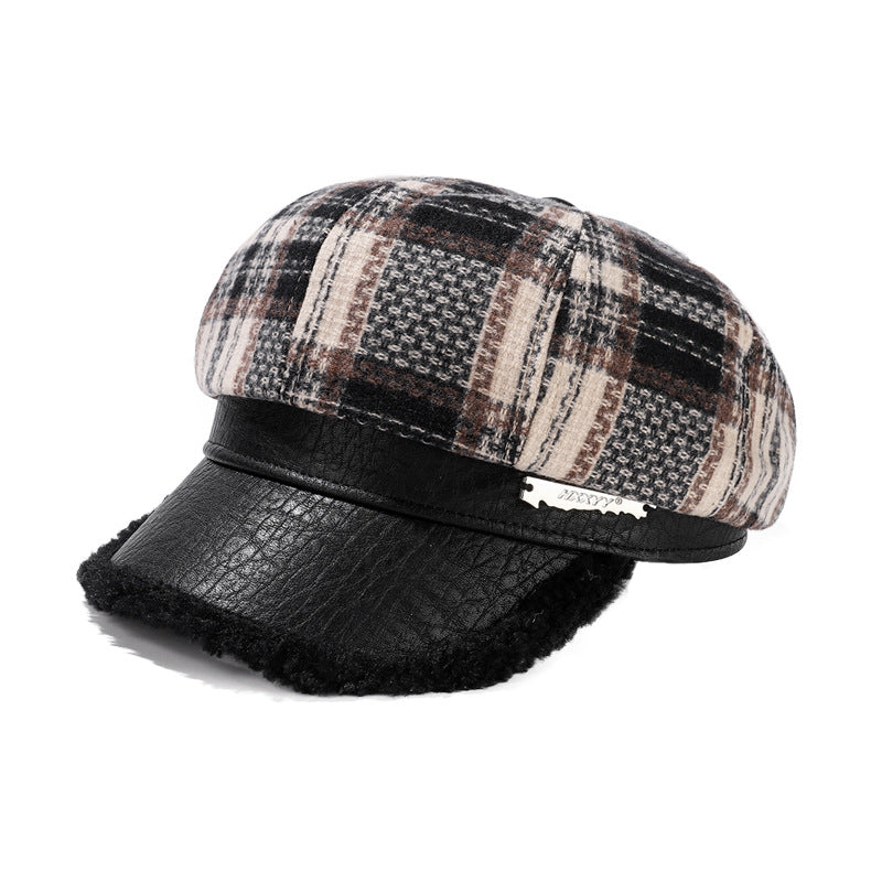 Retro Plaid Octagonal Hat Thick Stitching Leather Edge Warm Beret