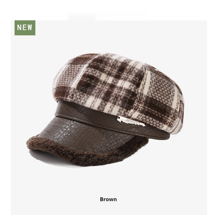 Retro Plaid Octagonal Hat Thick Stitching Leather Edge Warm Beret