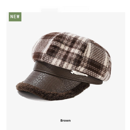 Retro Plaid Octagonal Hat Thick Stitching Leather Edge Warm Beret