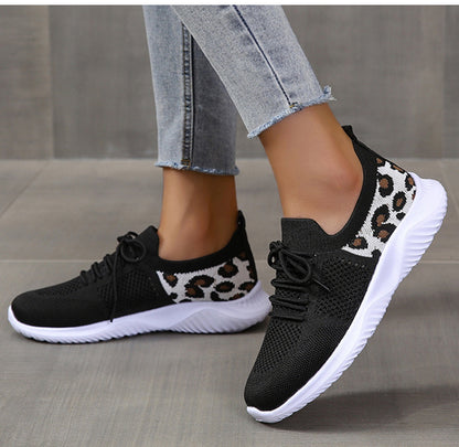 White Shoes Women Leopard Print Lace-up Sneakers Sports