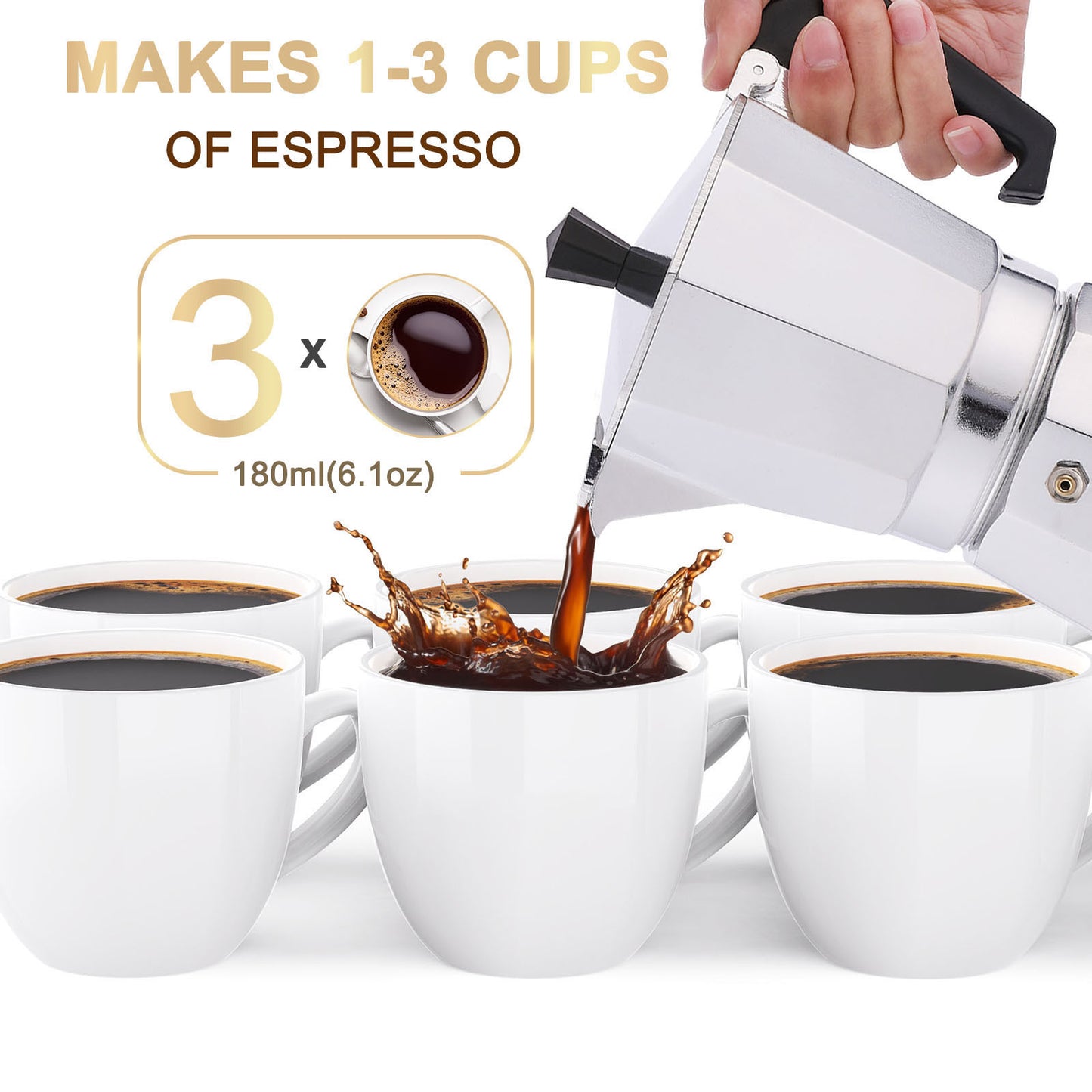 RAINBEAN Stovetop Espresso Maker 180ml For 3 Cups Espresso, Italian Moka Pot Coffee Maker, For Coffee Latte Mocha Cappuccino Macchiato Cuban Cafe Makers, Silver