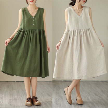 Summer New Japanese Loose Solid Color Cotton Linen V-neck Sleeveless Dress For Women