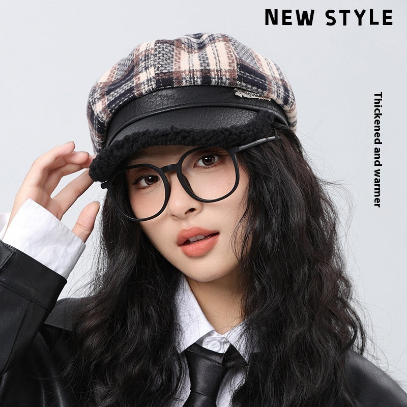 Retro Plaid Octagonal Hat Thick Stitching Leather Edge Warm Beret